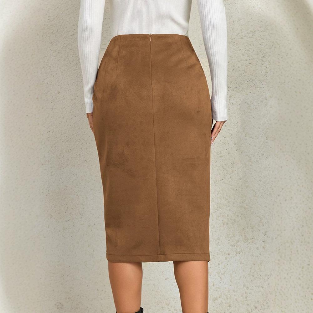 Women's Solid Color Pleated Suede Skirt High Waisted Buckle Wrapped Hip Short Skirt Middle Skirt
