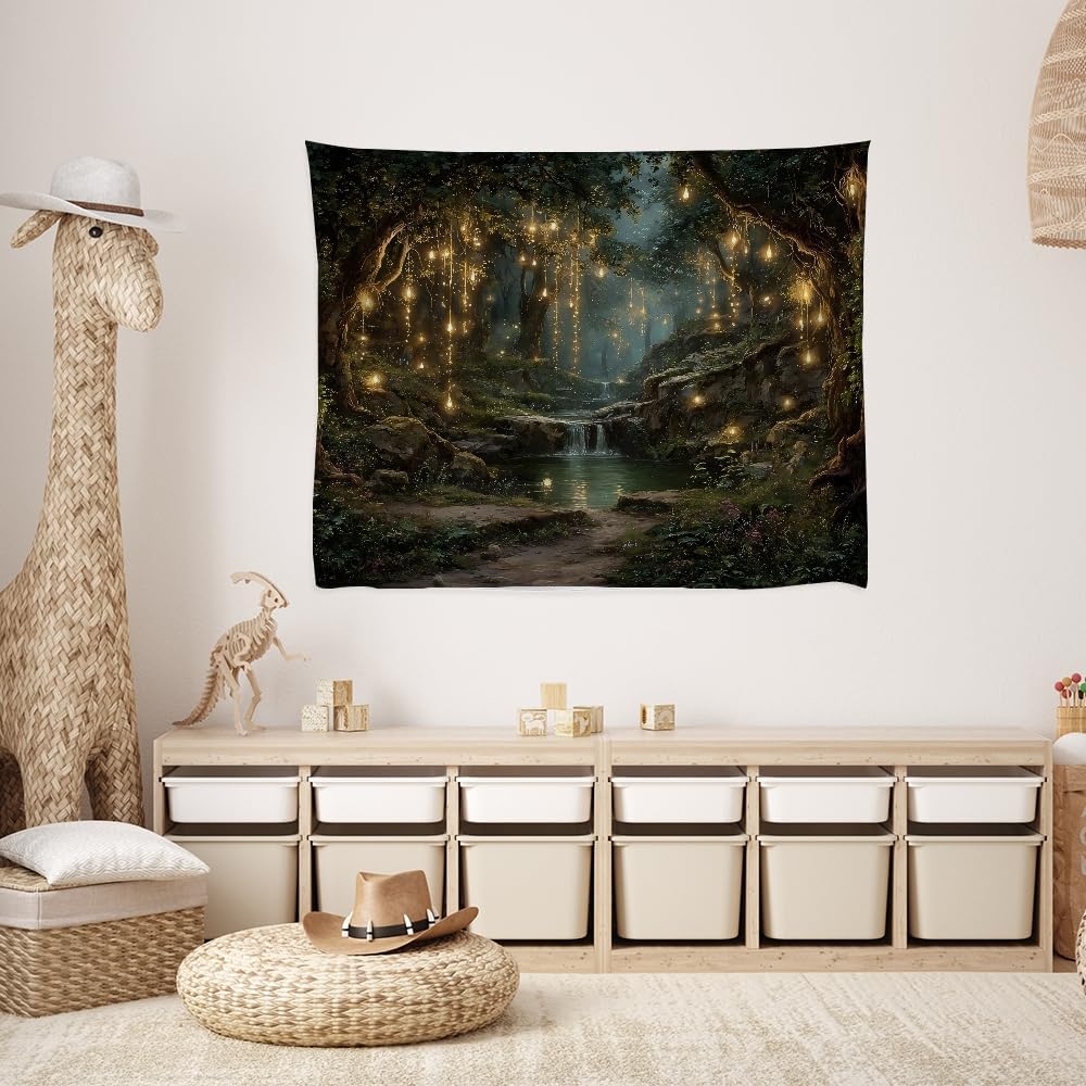 xyeey Gothic Fantasy Enchanted Forest Tapestry Mystical Waterfall Painting Wall Hanging Decor Fairy Lights Nature Landscape Art Vintage Tapestries for