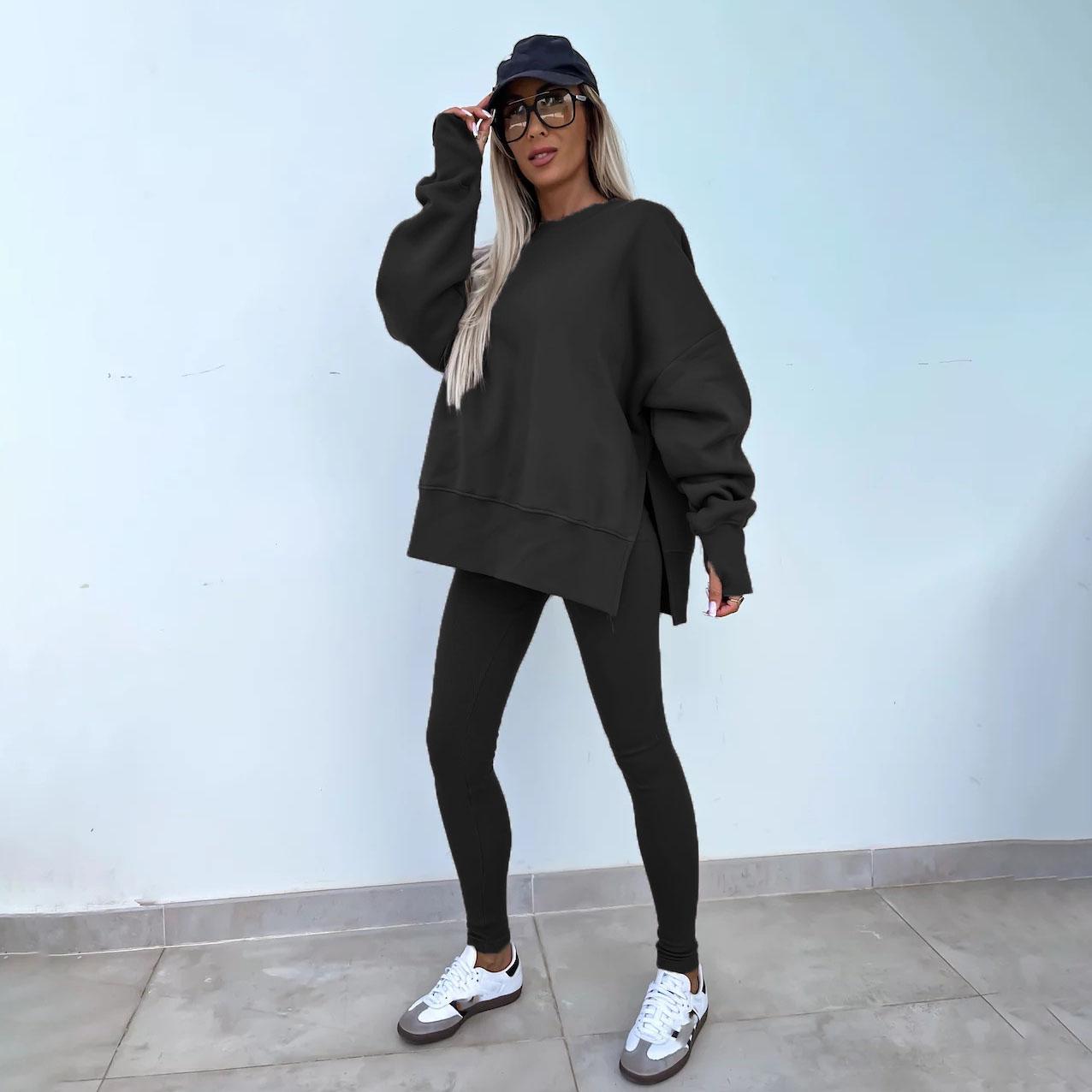 

Женский однотонный костюм с длинным рукавом и круглым вырезом, свободный топ, широкие брюки, осень-зима XL чёрный