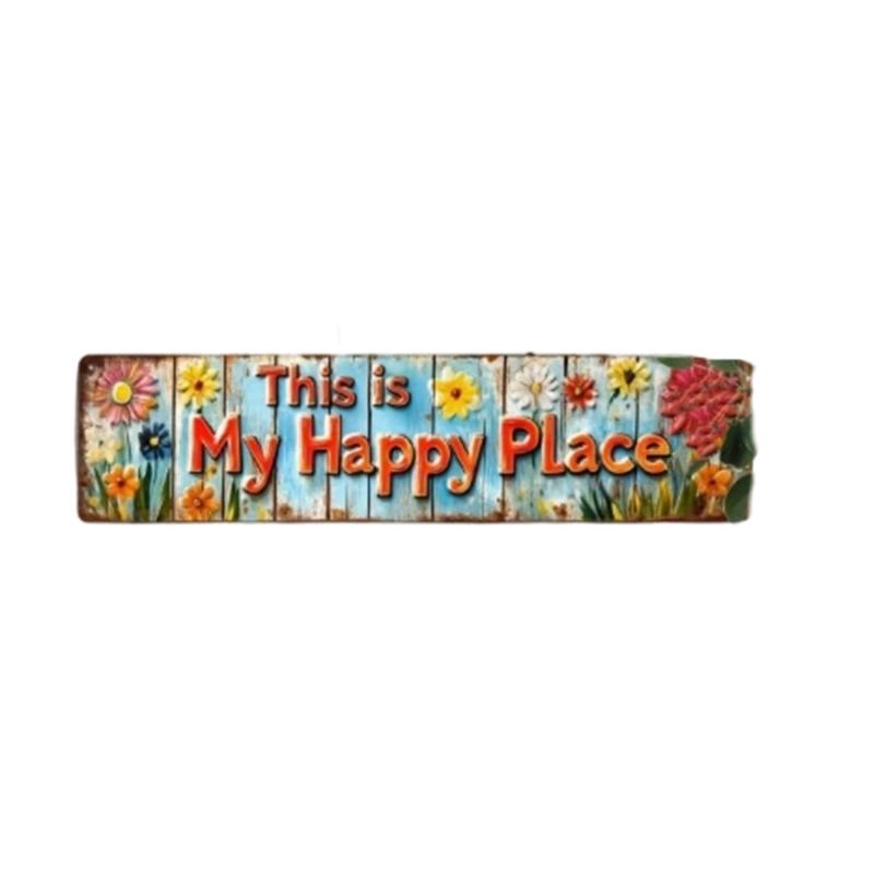 Happy Place Metal Wall Hanging Sign Garden Decors Florals Pattern Plaque For Family Gatherings And Festives Event