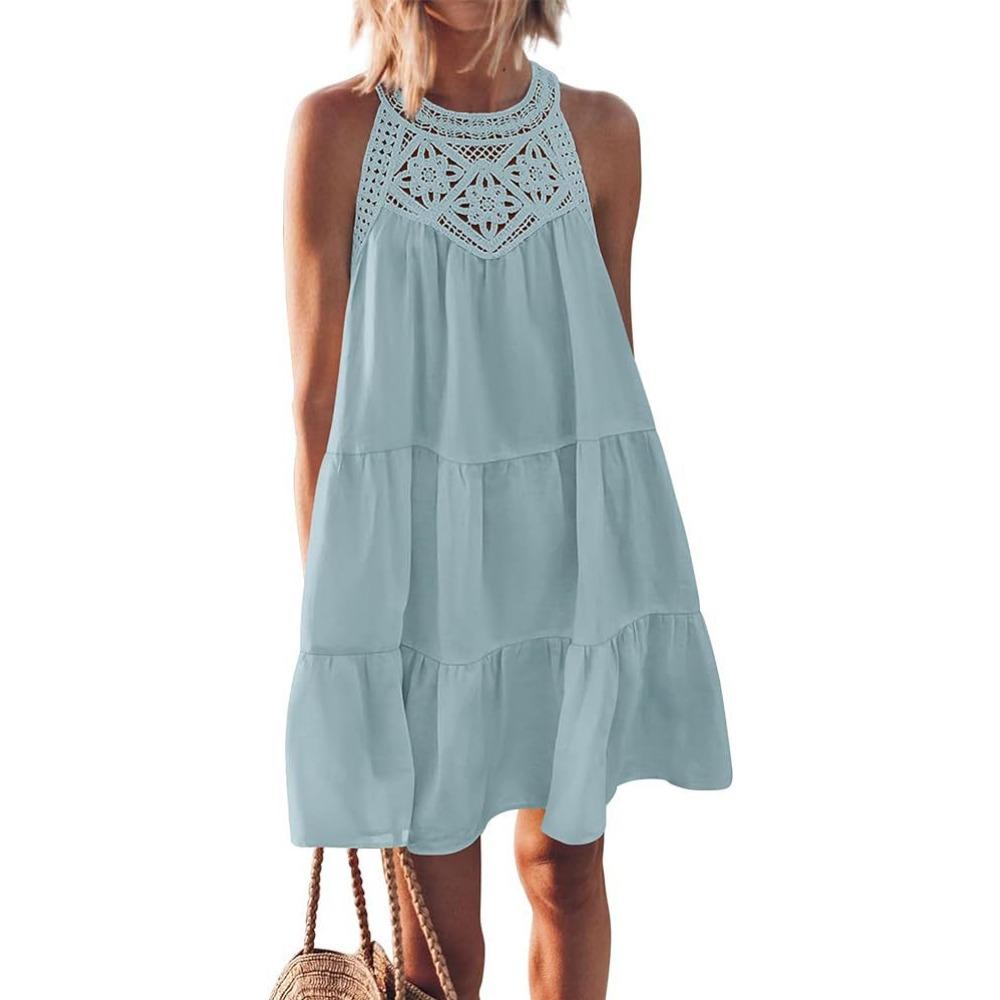 Damen Halter Neck Ärmellos Häkeldetail Lockerer Schnitt Sommer Swing Kleid