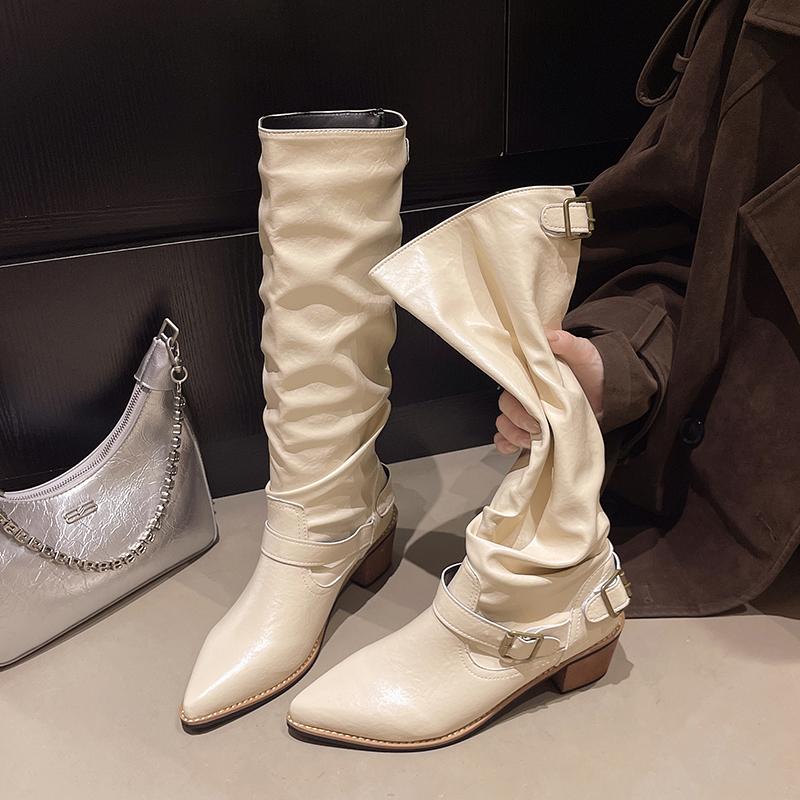 Fashion Knee High Boots Female Autumn Casual Slip on Women Shoes Square Mid Heels Solid Flock Square Buckle Motorcycle Boots
