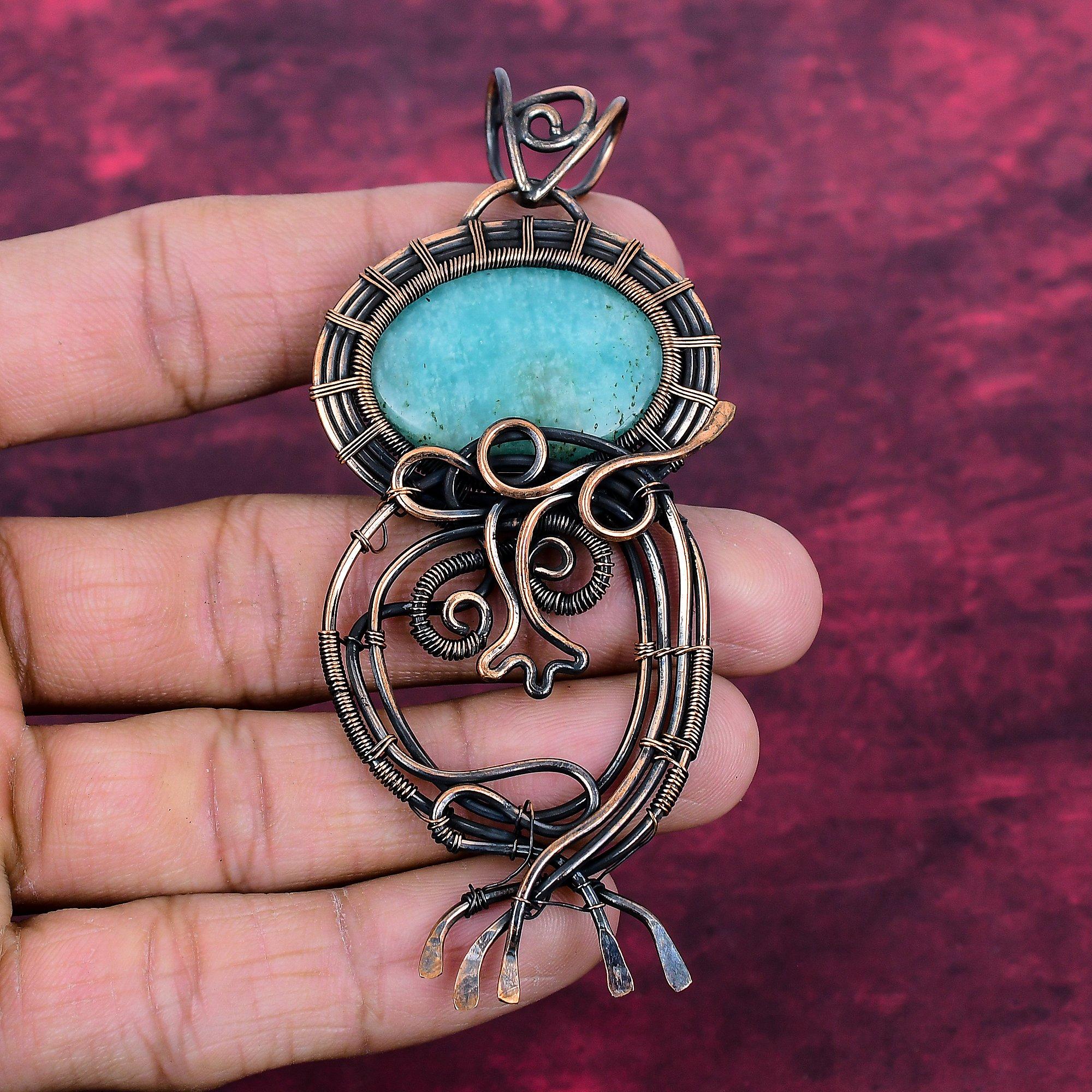 Amazonite Natural Gemstone Pendant Copper Wire Wrapped Pendant Handmade Jewelry