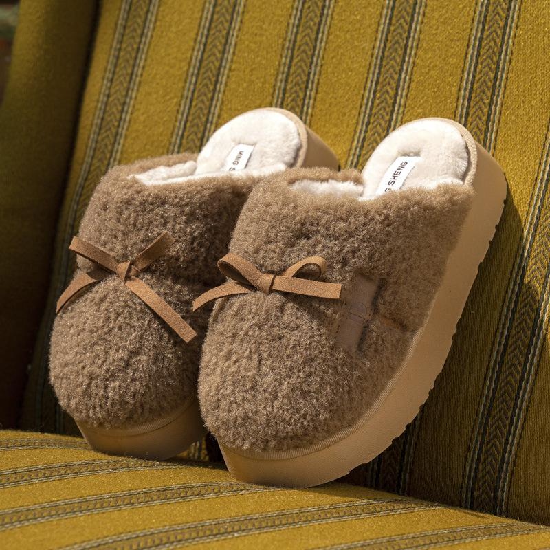 New thick-bottomed heightening bow fluffy slippers winter indoor home piled thermal cotton slippers can be worn outside