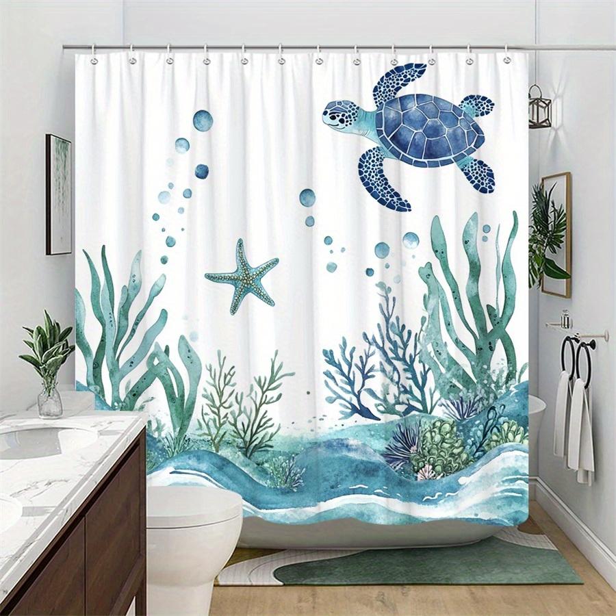 1Pc Watercolor Coral And Seaweed Turtle Pattern Shower Curtain, Machine Washable Polyester With 12 Hooks For Bathroom Decor