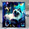 1pc Cat with Butterflies & Flowers Shower Curtain - Machine Washable Polyester Bathroom Decor, Artistic Animal Theme Design with