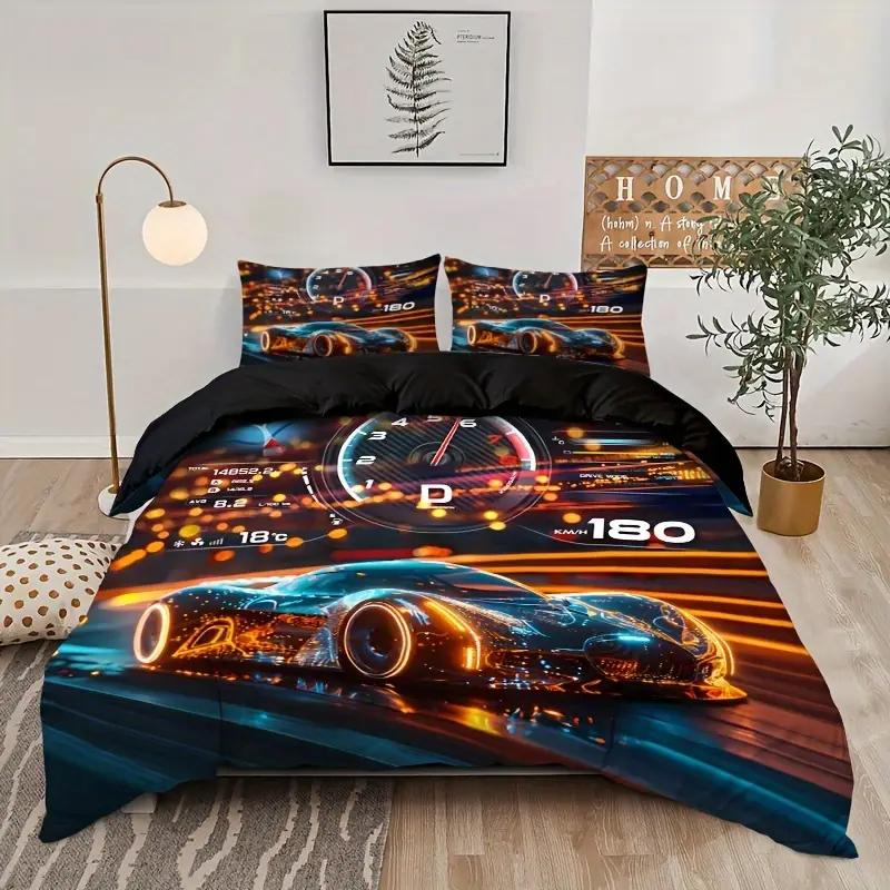 Racing Car Duvet Cover Set - 3D Cartoon Vehicle Print All-Season Bedding Set- 100% Polyester Breathable Fabric, Machine Washable