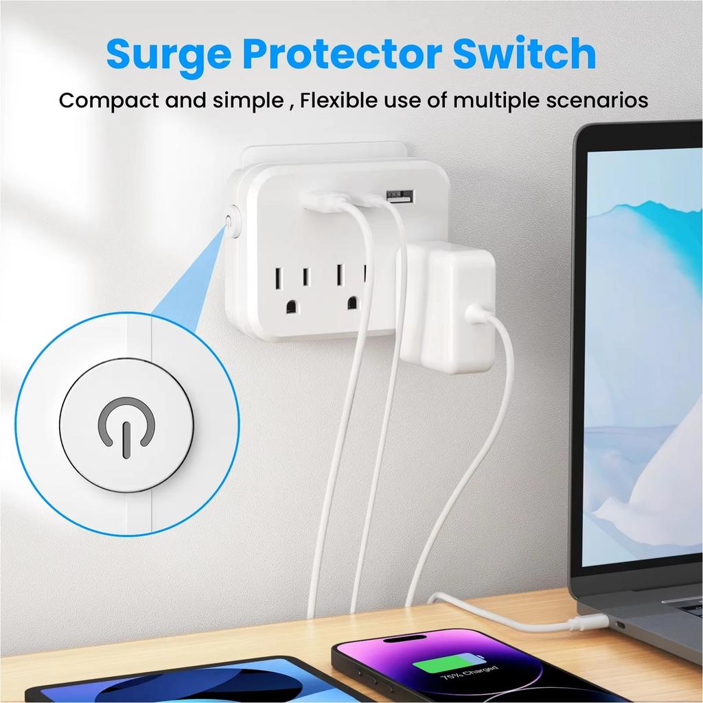Surge Protector Power Strip 6-in-1 Mini Portable with 3 AC Sockets 2 USB Ports and 1 Type C White US Plug