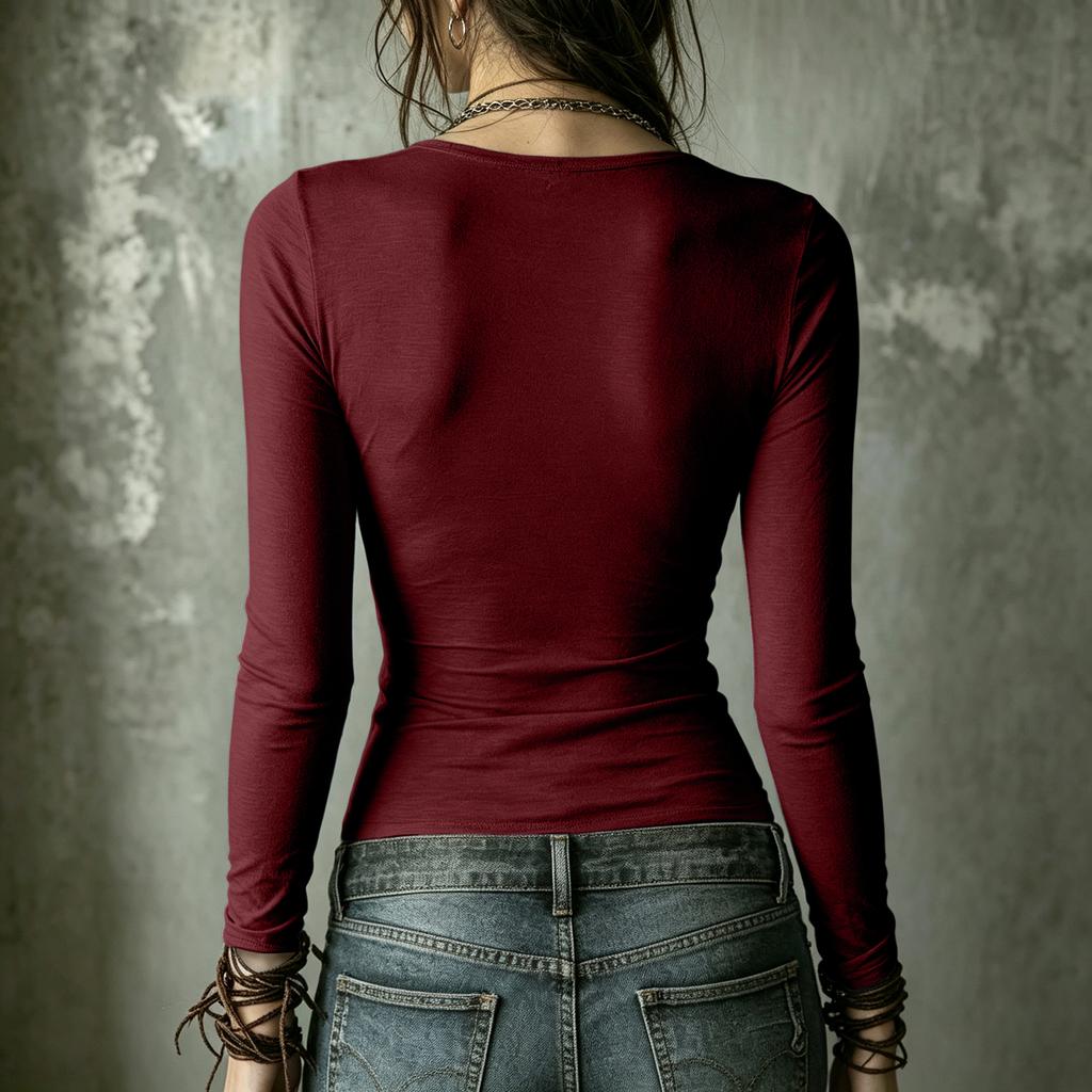 Women's Color V-Neck Long Sleeve Cross Strap Casual Blouse