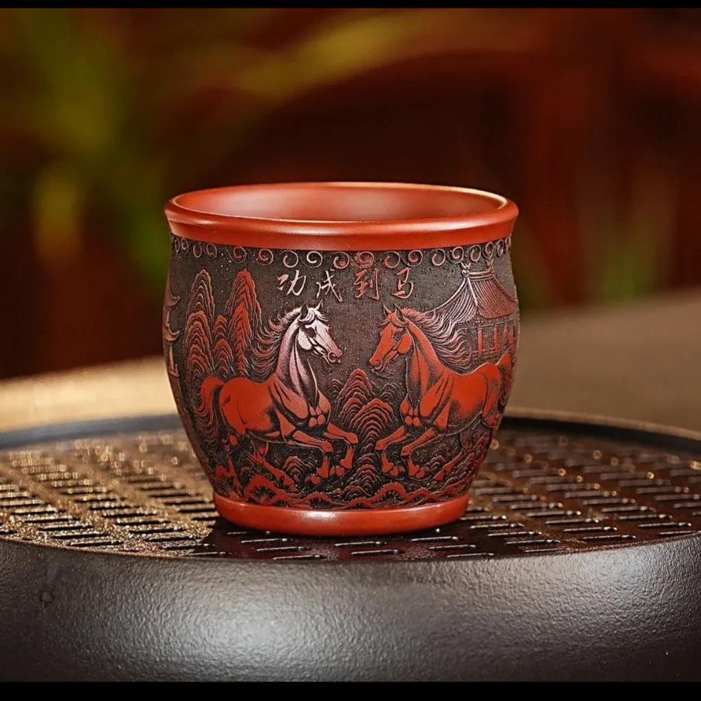 180ml Yixing Purple Clay Relief Eight Horses Zodiacs Teacup Vintage Tea Bowl Mug Tea-tasting Personal Cup Jianzhan Master Cups