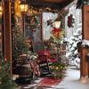 Christmas lantern with berries, pinecones & ribbon, LED lights, metal pole, 150 cm