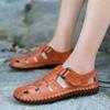 Men Outdoor Hiking Sandals Black Leather Closed Toe Yellow Beach Shoes Wide Handmade Sandals Plus Size for Father