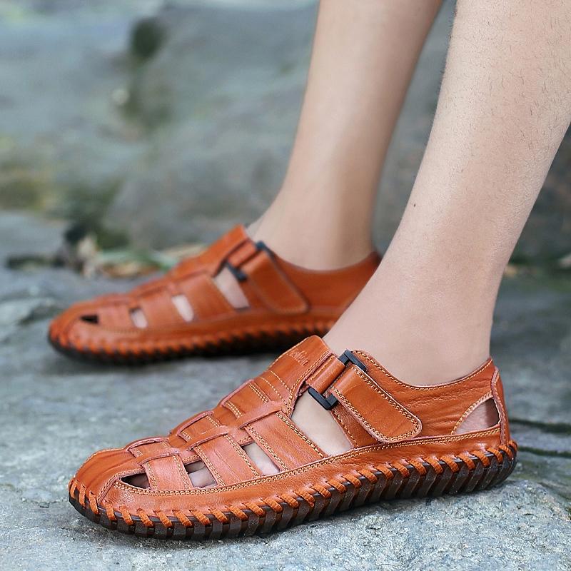 Men Outdoor Hiking Sandals Black Leather Closed Toe Yellow Beach Shoes Wide Handmade Sandals Plus Size for Father