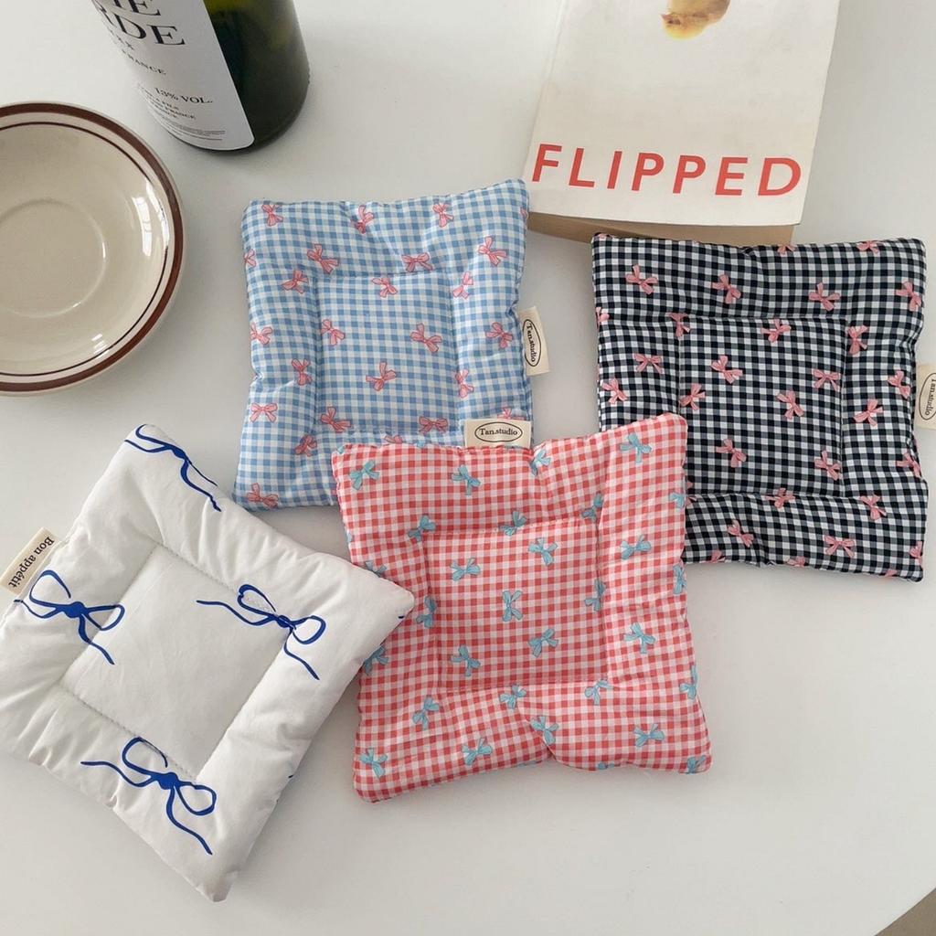 Korean Ins Bow Print Checkered Square Cloth Cotton Coasters Insulated Padded Kitchen Mat Desktop Decorative Props Home Mats