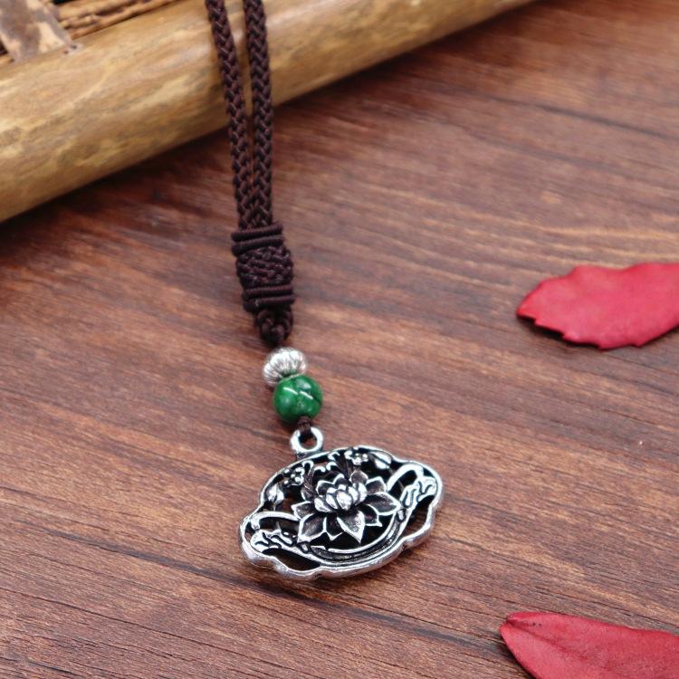 Handmade Retro Cotton and Linen Tibetan Silver Pendant Necklace Medium and Long Flower Versatile Sweater Chain Women's Simple Accessories