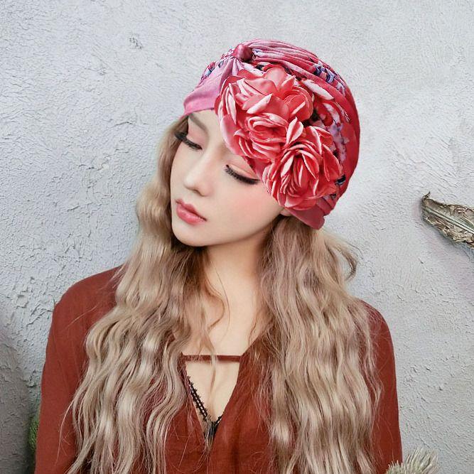 Spring and Summer Sweet Big Flower Headgear Retro Pullover Hat Female Dancing Confinement White Hair Headgear Travel Headscarf Hat
