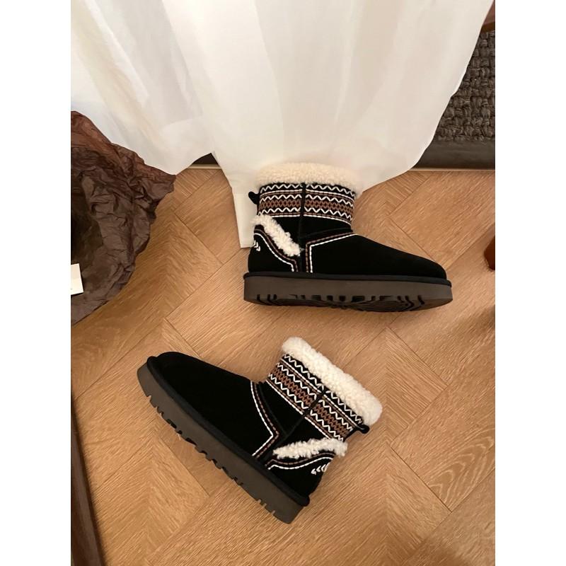 Womens Short Snow Boots Winter Warm Wool Lined Flat Heel Round Toe Slip-On Ankle Boot