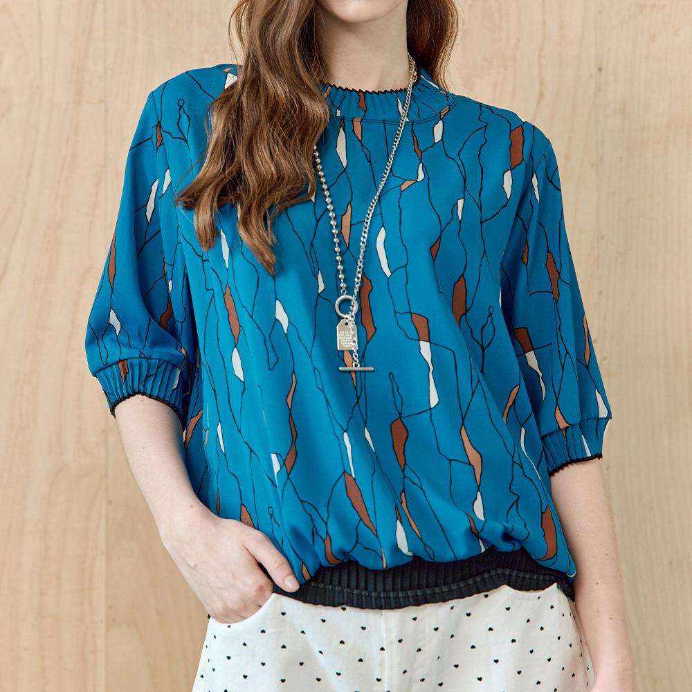 Maja Color Mix Print Pleated Round Neck Blouse Blue/Free