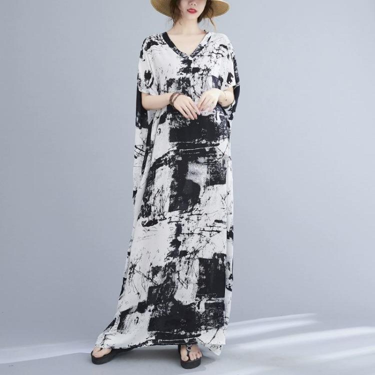 Sommer Damen Übergröße Kleid V-Ausschnitt Bohemian Blumendruck Locker Oversize Maxi Sommerkleid Groß 5104