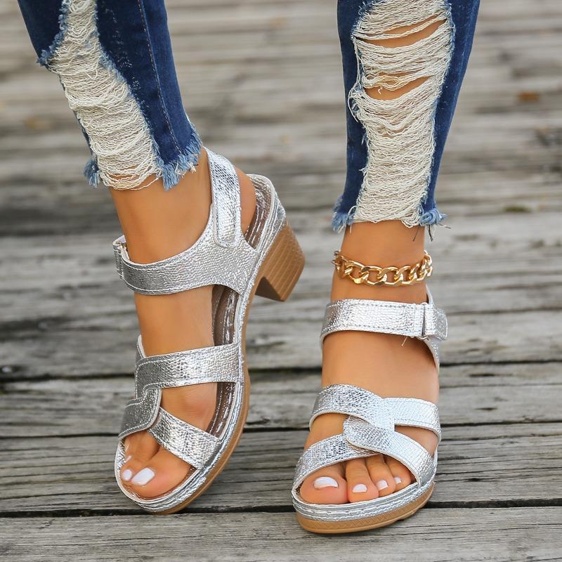 Large size hollow Velcro high heel sandals women's new buckle thick heel fish mouth sandals ebay