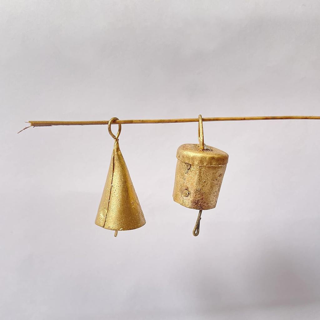 Handmade 2 Inch Antique Gold Bells, Pack of 10 Rustic Metal Ornaments for Boho Christmas Tree and Farmhouse Wall Decor