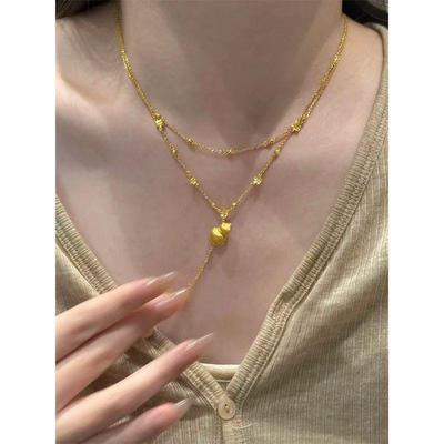 Retro Filigran Goldfarben Doppellagige Quasten Halskette für Damen mit Tropfen- und Kürbisdesign