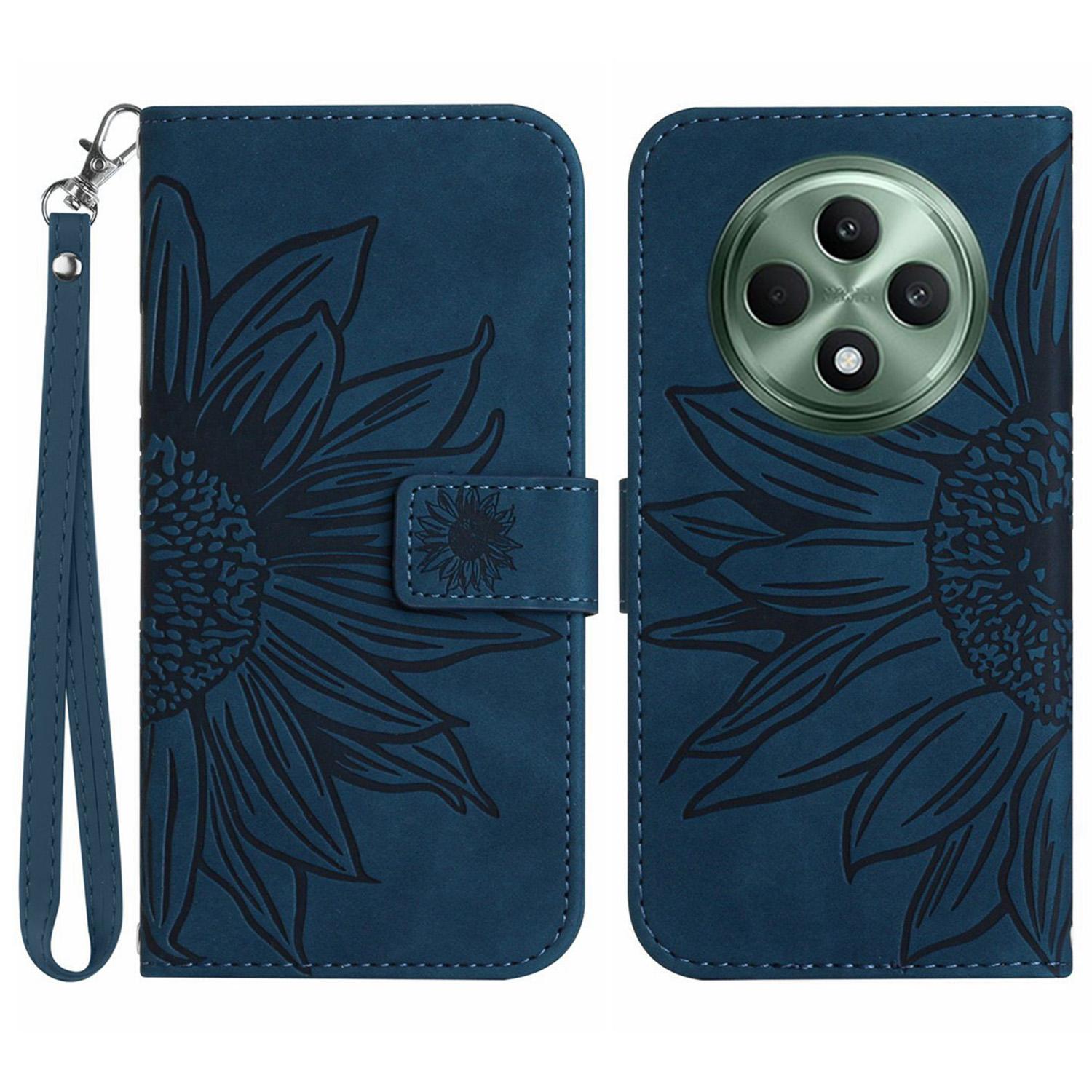 

HT04 For Oppo Reno12 F 5G Case Sunflower Flip Leather Phone Cover with Hand Strap Dark Blue