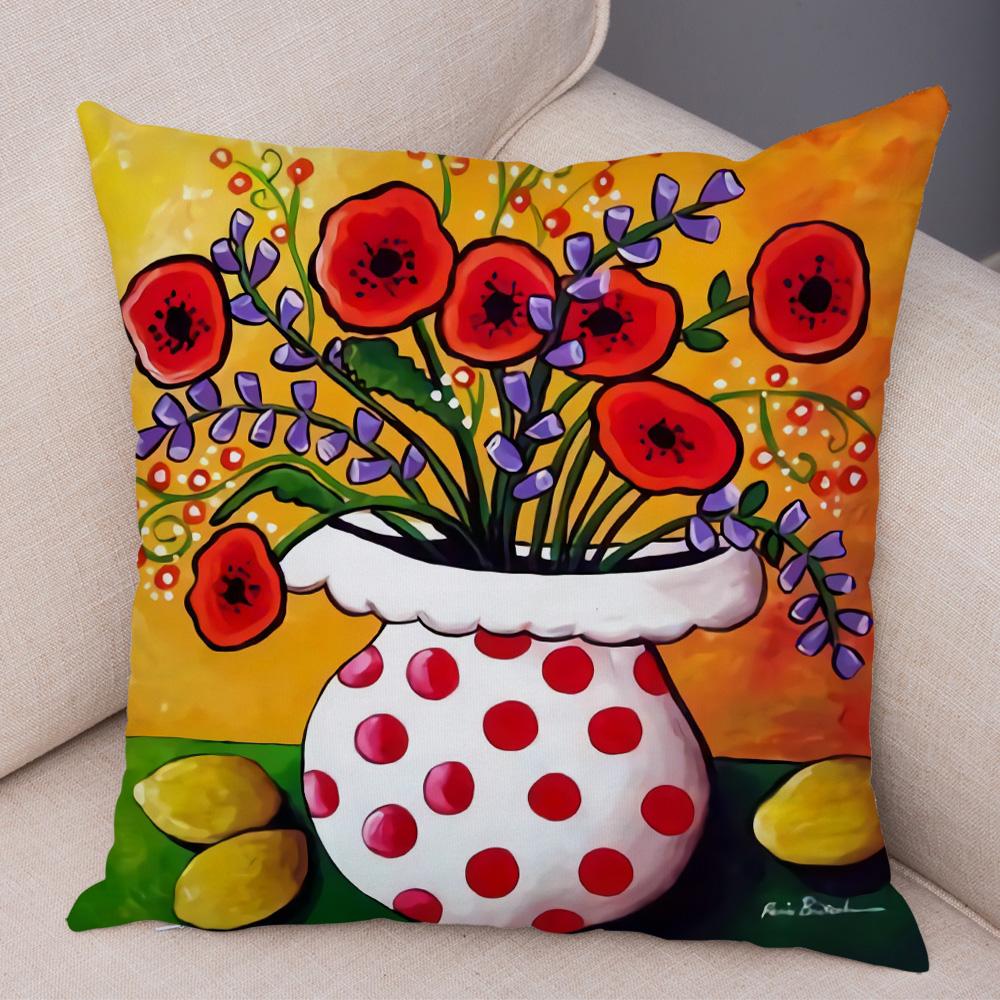 Children Oil Painting Art Cushion Cover Both Sides Plush Pillow Case Decor Cartoon Plant Throw Pillowcase for Sofa Home Car