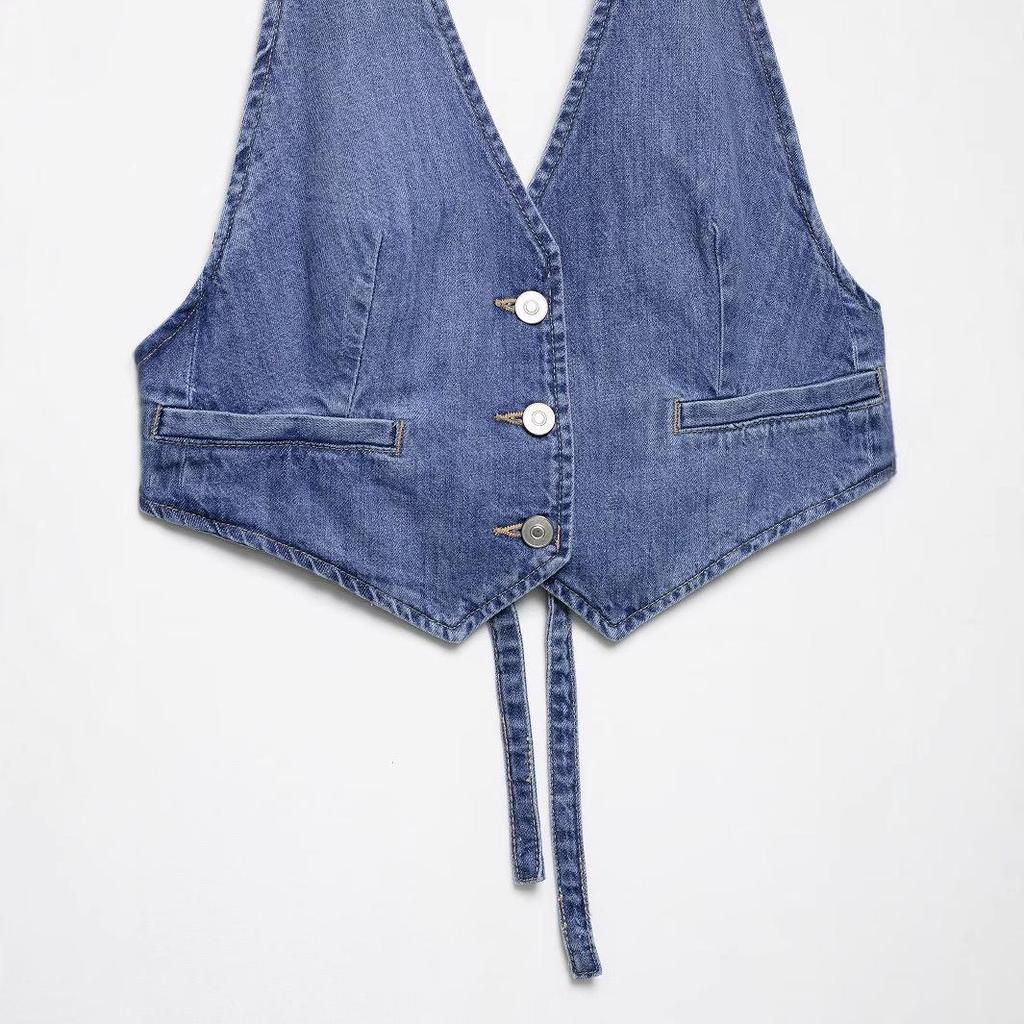 2025 Spring Women's European & American Style Fashion Denim Backless Top