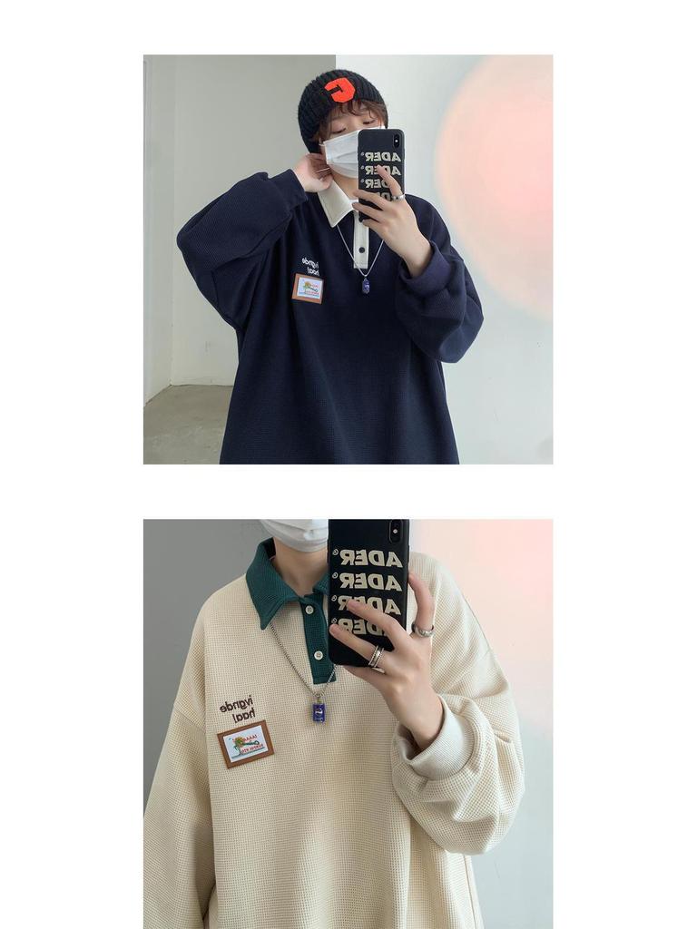 Męska koszulka polo wafelkowa w stylu vintage retro - luźny krój, kołnierzyk z klapami, na wiosnę/jesień, styl unisex