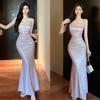 Spring and Summer New Pure Desire Celebrity Bright Silk Bronzing Slim Suspender Skirt Medium and Long Pleated Patty Dress