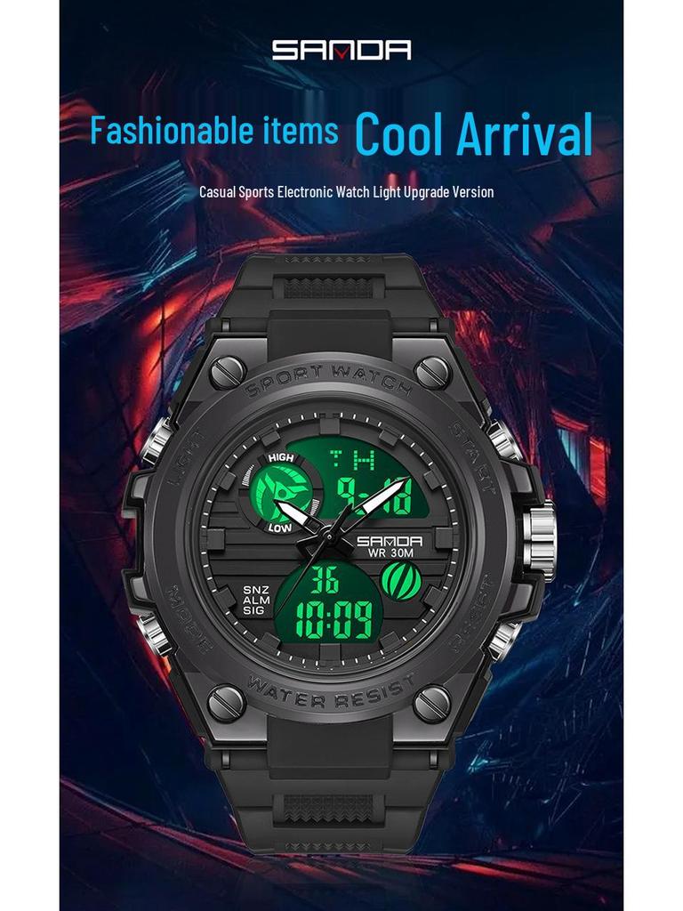 Sanda Multifunctional Sports Watch for Teen Boys: Dual Display, Luminous, Waterproof, with Alarm