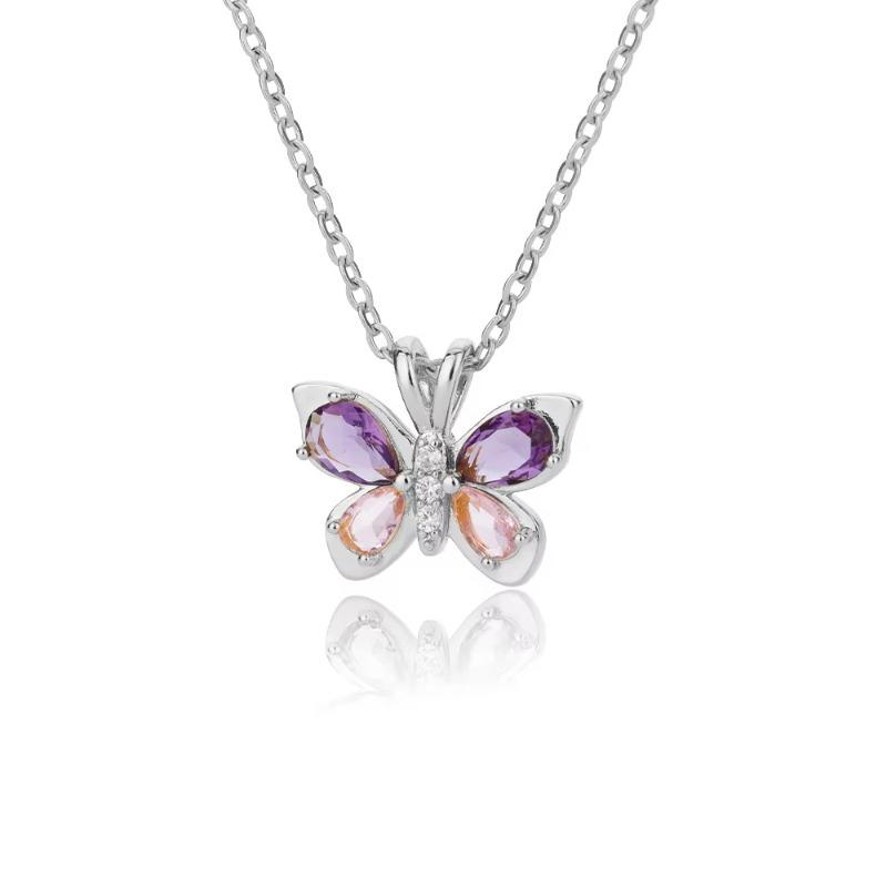 

Pink zircon butterfly necklace female versatile high sense light luxury temperament titanium steel amethyst collarbone chain серебряный