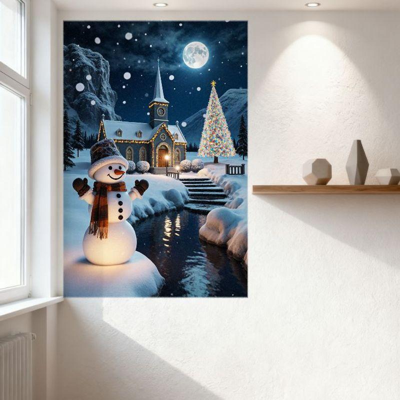 Magical Winter Night Snowman Christmas Tree Church Metal Tin Sign Vintage Xmas Decor for Home Wall Art