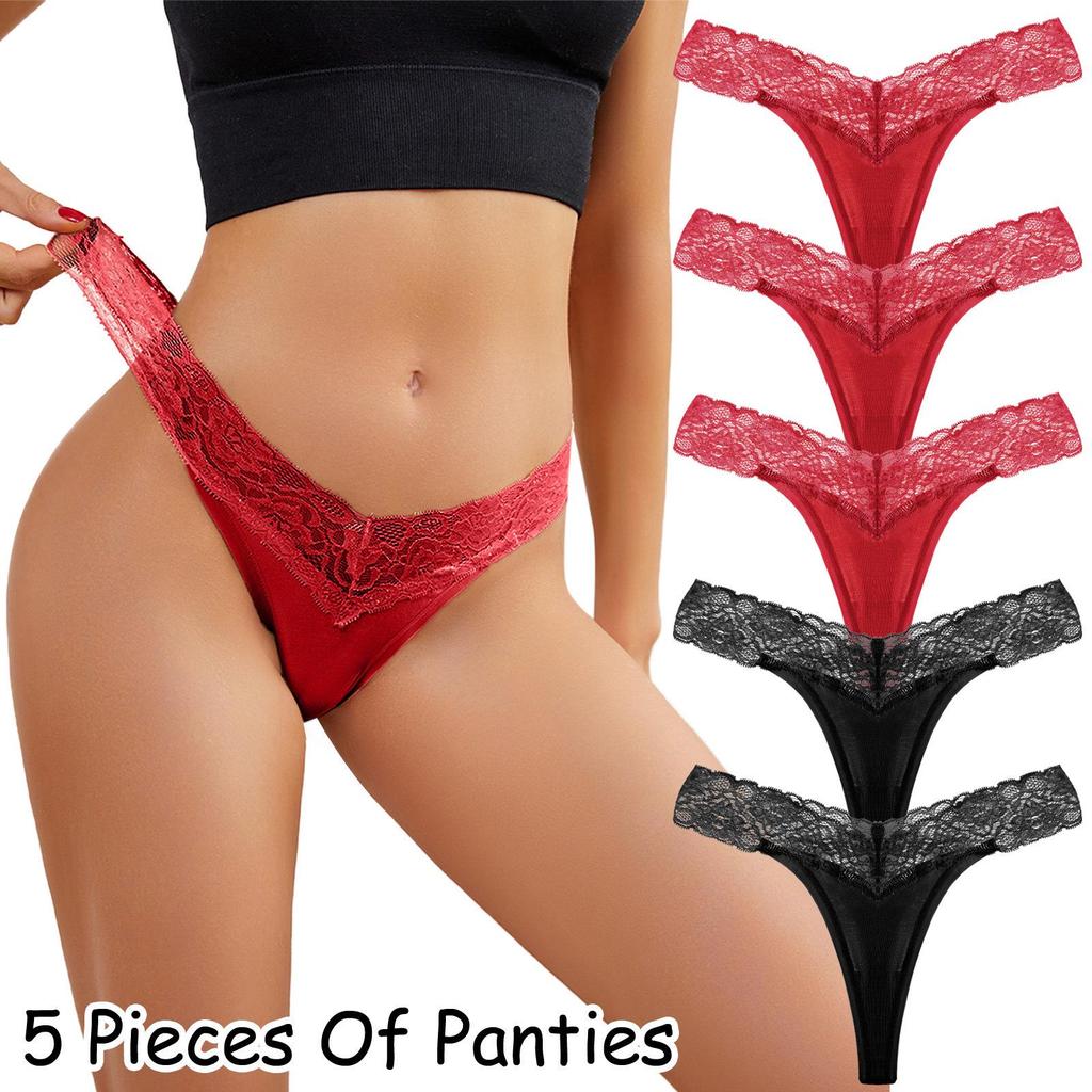 5-Piece Plus Size Women's Lace Low-Rise Thong Set