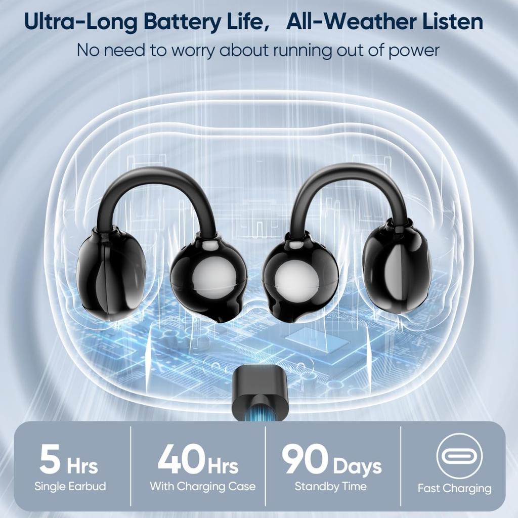 AI Clip on Earbuds Wireless Bluetooth 5.4 Earphones, Open Ear Headphones with Mic, 40H Play, Waterproof Design, 4g Ultra-Lightweight Sports Ear Clip