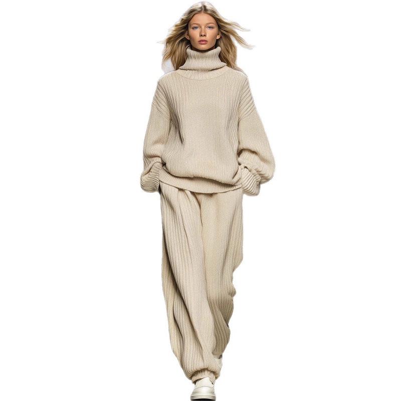 2025 Autumn/Winter Women's Casual Knit Set: High Neck Top & Wide Leg Pants