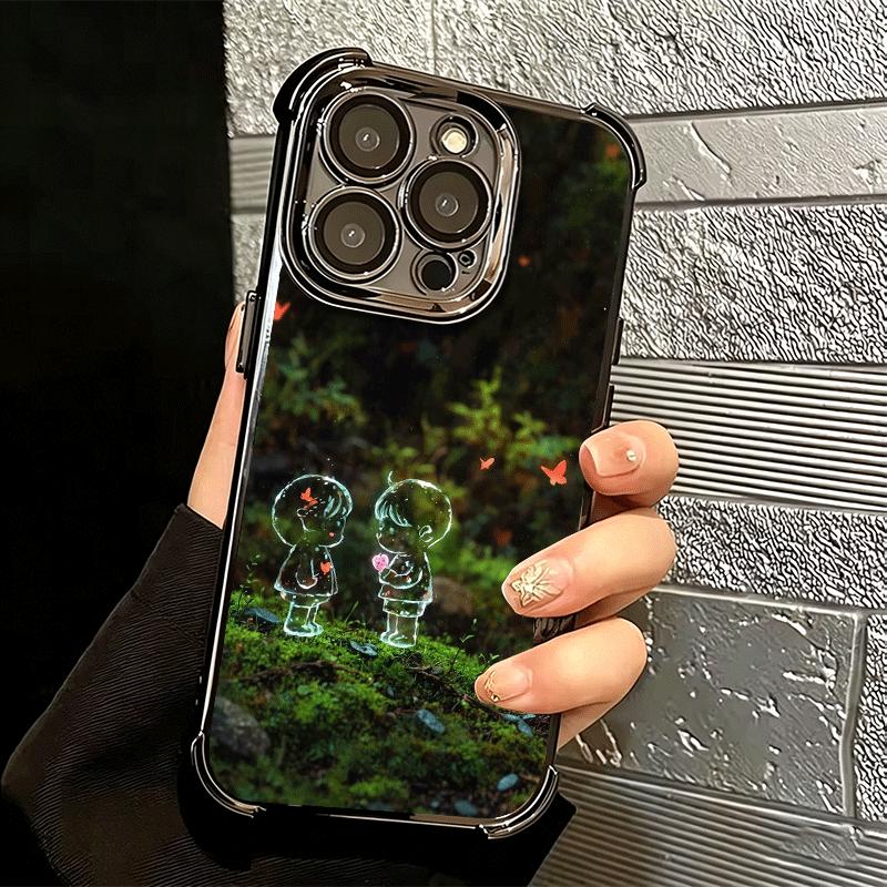 Nature Cute Child Painting Style Plating Phone Case For Iphone 16 17 Pro Max Air 16E 14 15 Plus 12 13 Mini Anti-Fall Airabag Cov