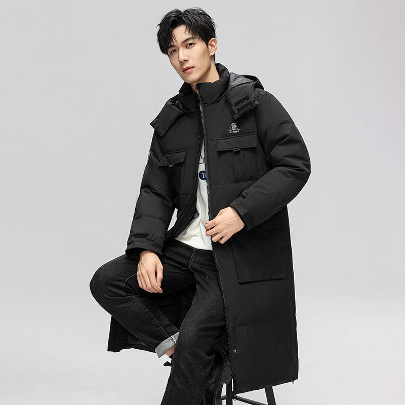 Down jacket men's medium and long white duck down hooded jacket winter trendy brand large size couple thickened warm coat men