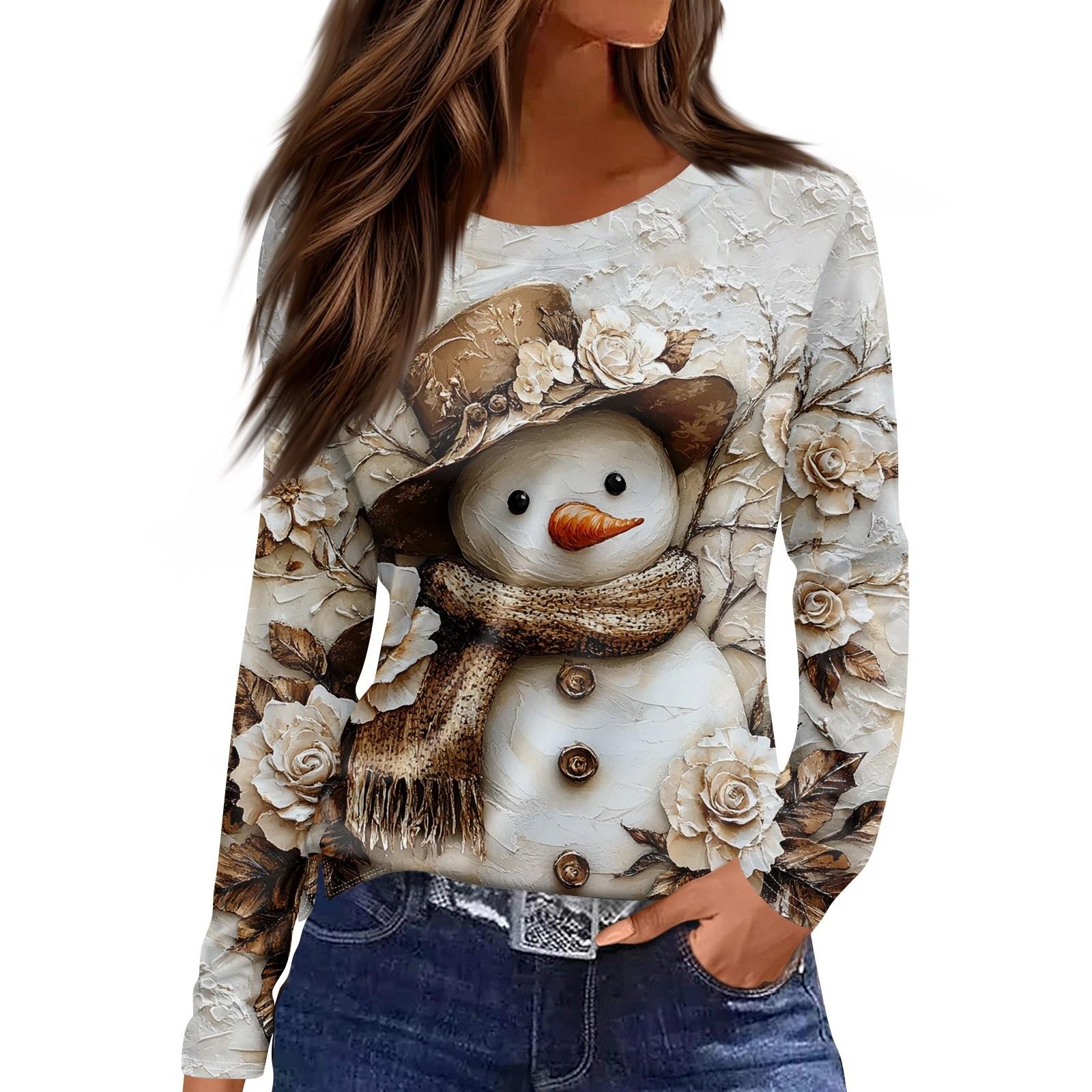 

Женская модная повседневная футболка с разрезом и круглым вырезом, длинным рукавом, с рождественским принтом XXL