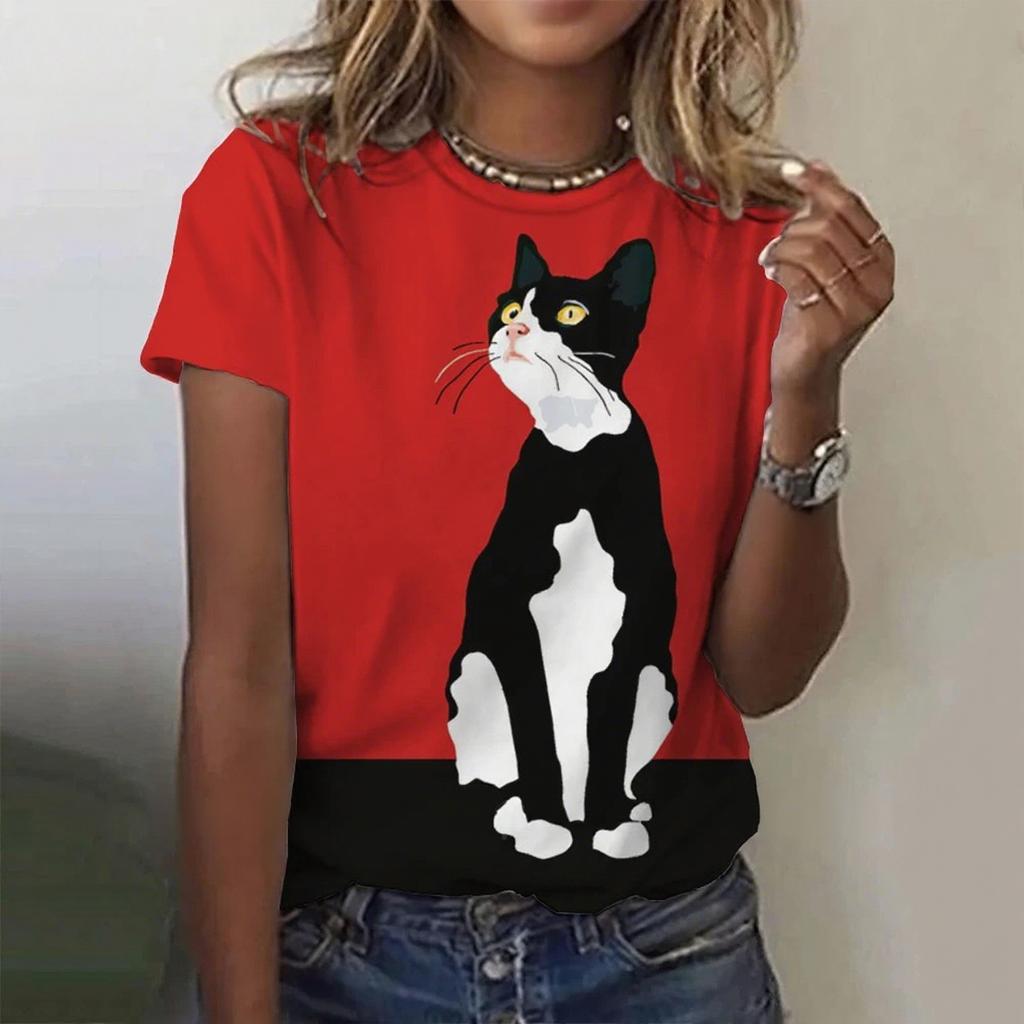 Summer Round Neck 3D Print Kawaii Cat Top Fashionable Casual Short Sleeved Women's T-shirts