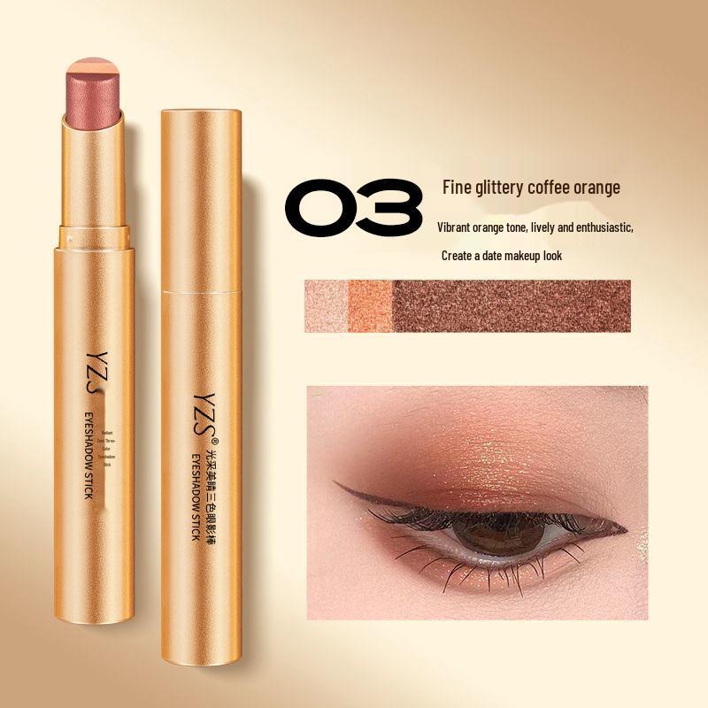 YZS Radiant Three-Color Eyeshadow Stick: Pearlescent Glitter Gradient Pencil for Contour & Highlight.