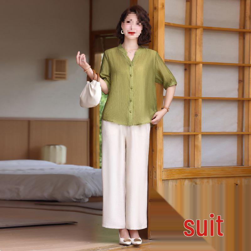 Summer Two-Piece Set: Elegant Short-Sleeved Top & Bottoms for Middle-Aged and Elderly Mothers