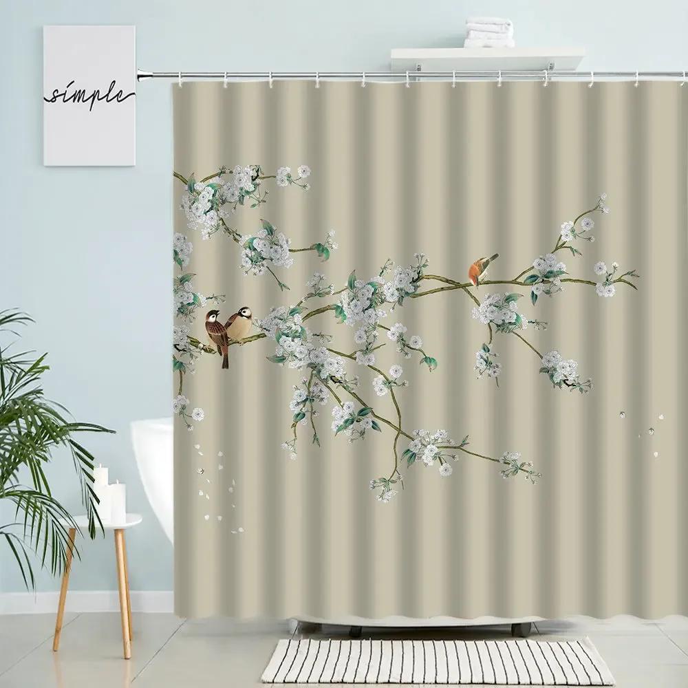 Chinese Landscape Shower Curtain Flowers Branches Plants Birds Animals Bathroom Wall Decor With Hook Waterproof Polyester Screen