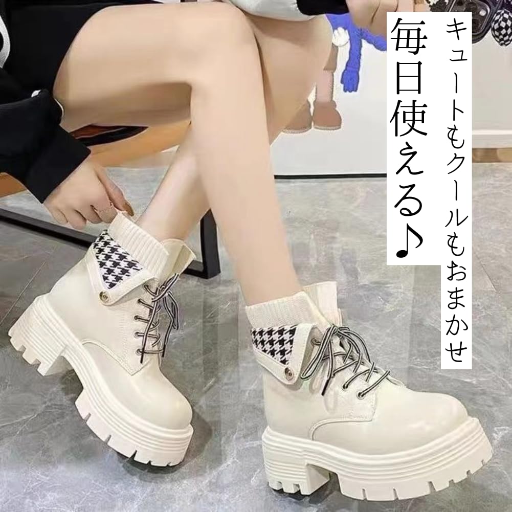 ALVEIN Platform Houndstooth Short Boots Japanese Shoe Women's High-Top Fleece-Lined Lace-Up (Off-White, Sizes, Adult, 23.0 cm)