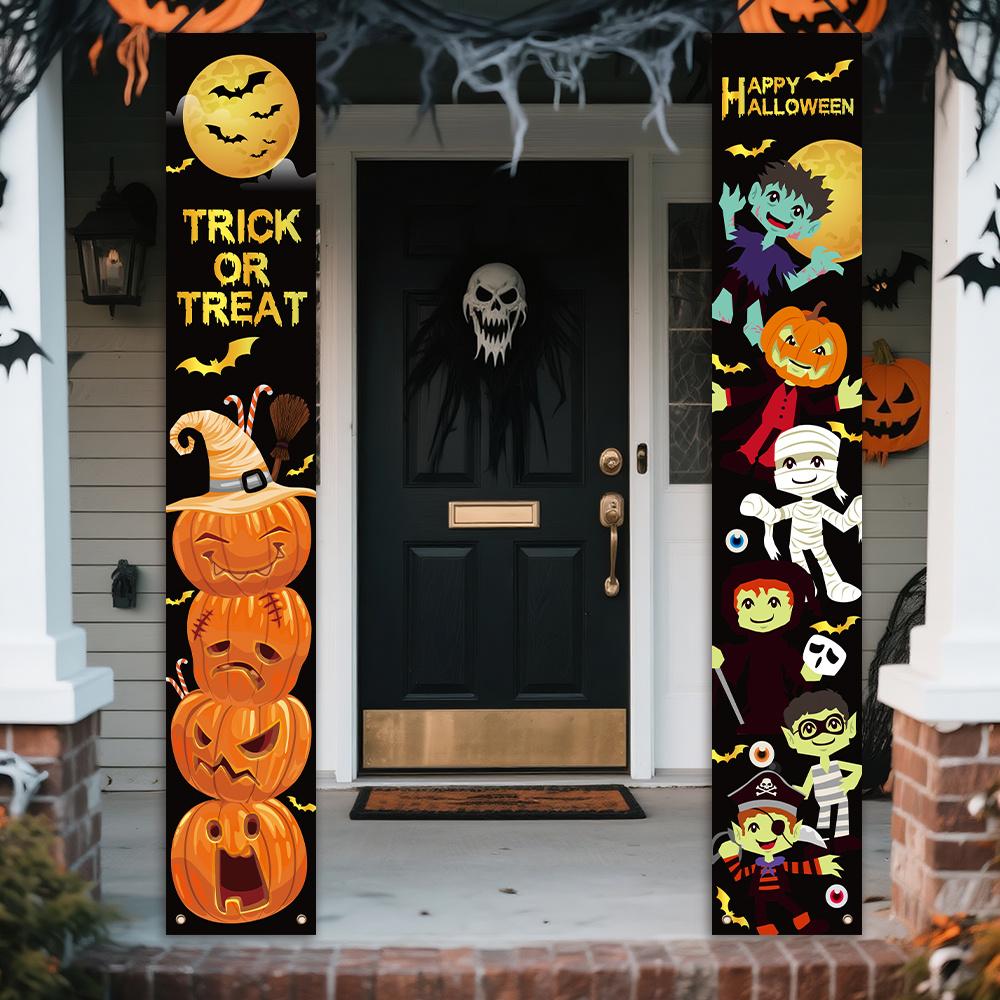 1 Pair, Halloween Happy Porch Decoration Banner, Polyester, Trick or Treat Halloween Night Party, Pumpkin Lanterns, Cute Ghost Pattern Decoration Suit
