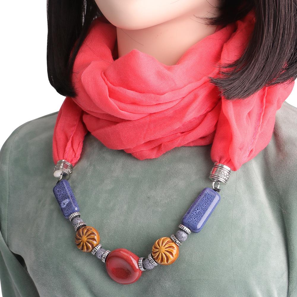 Cotton-Linen Infinity Scarf with Handmade Beaded Pendant, Women's 2-in-1 Boho Scarf Necklace Accessory