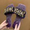 Crystal Women Slippers Flats Fur Designer Shoes Autumn Elegant Dress Woman Shoes 2025 New Luxury Zapatillas De Mujer