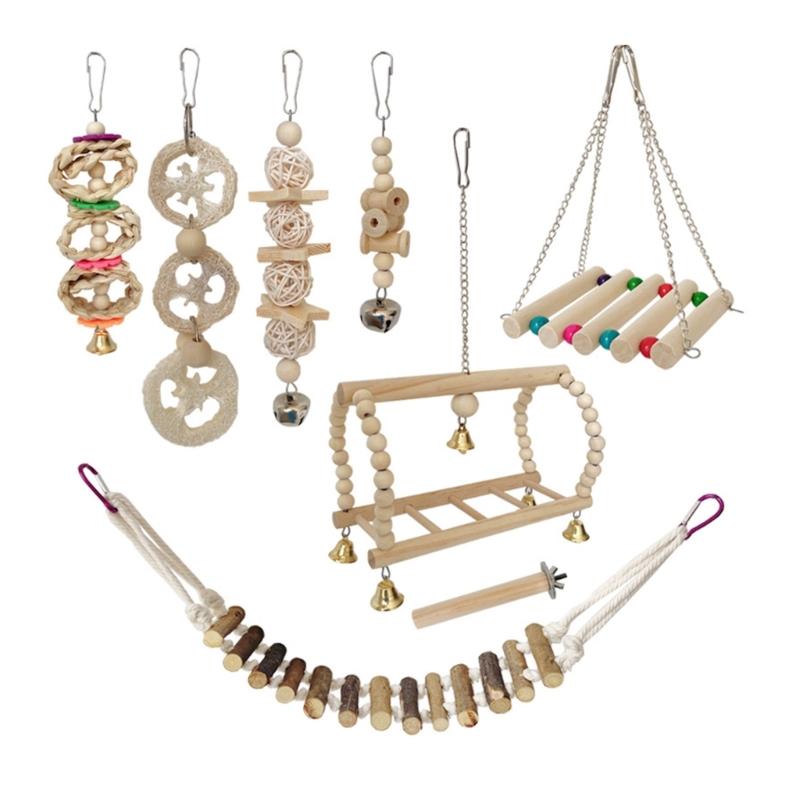 All Size Bird Grinding Swing Toy Birdcage Chewing Climbing Toy Cockatiels Tearing Toy Natural Wood Engagement Toy 8PCS 1