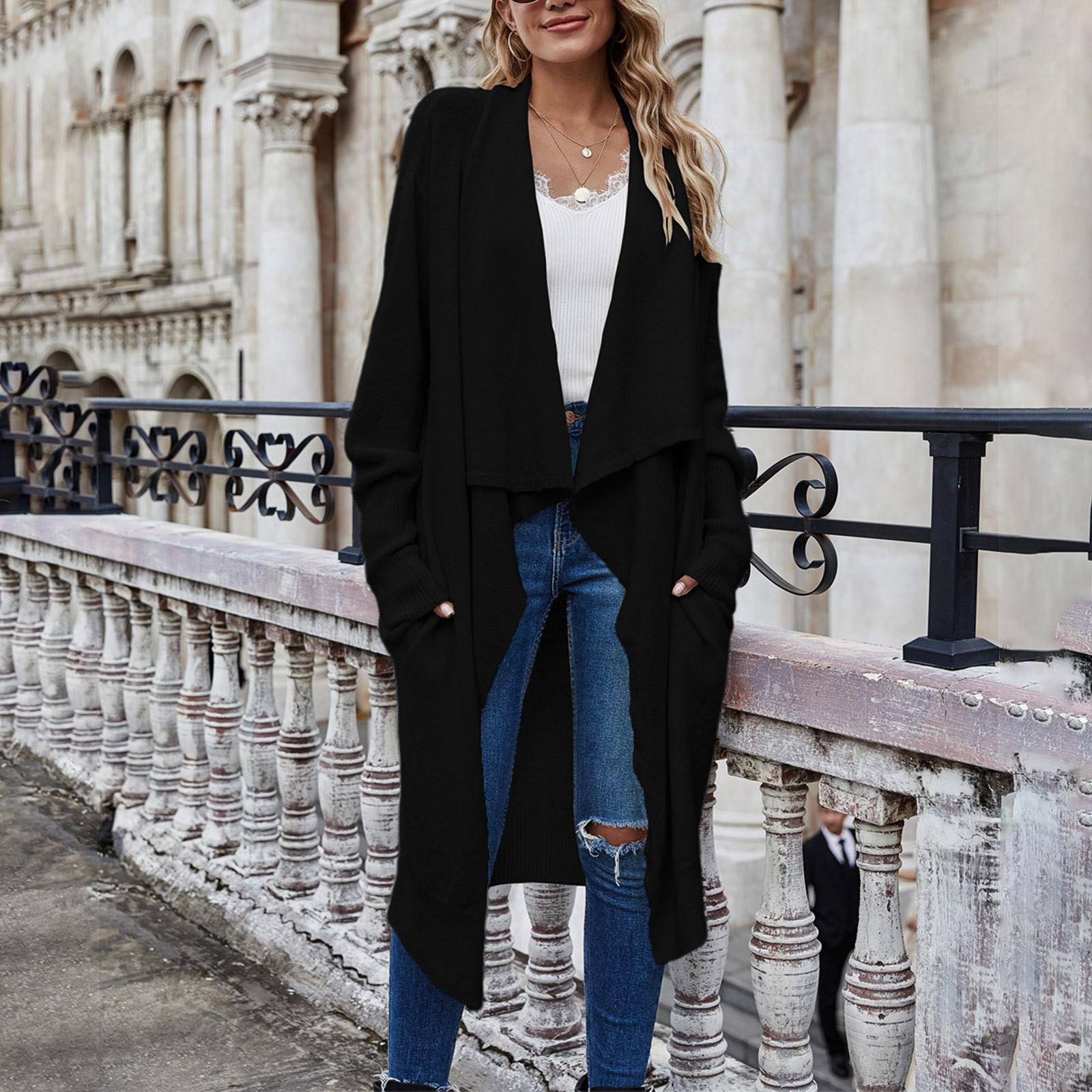 

Women s Casual Loose Long Sleeve Solid Color Long Cardigan Sweater Outwear L чорний
